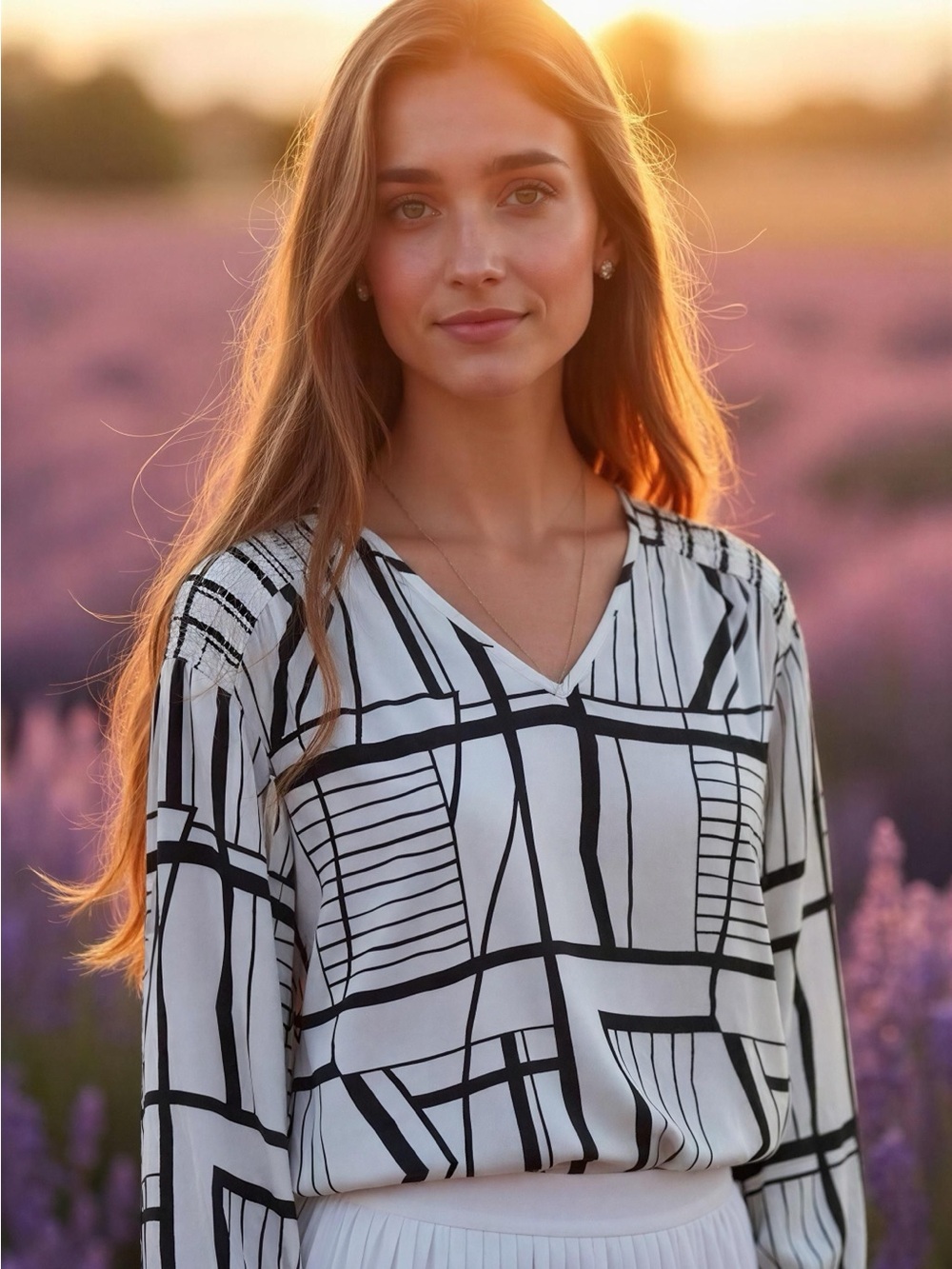 Club Monaco Black & White Geometric Long-Sleeve Blouse